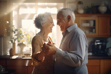 Aged couple dancing in kitchen at home