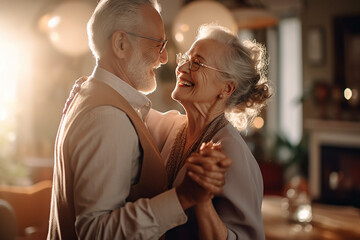 Aged couple dancing in kitchen at home