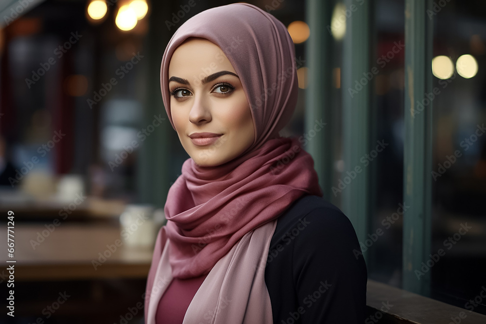 Canvas Prints A young beautiful Islamic teenage girl, wearing a pink, purple hijab stands at the public space in a night big city with a smile on her face portrait, Generative AI.