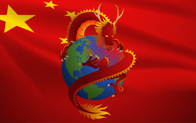 Red Chinese dragon encircles the world on the backdrop of the China flag, symbolizing China's economic influence and power on a global scale. Themes of dominance, monopoly, and economic prowess