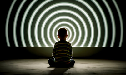 un enfant est hypnotisé par un écran de télévision, danger des écrans sur le développement du bébé - obrazy, fototapety, plakaty