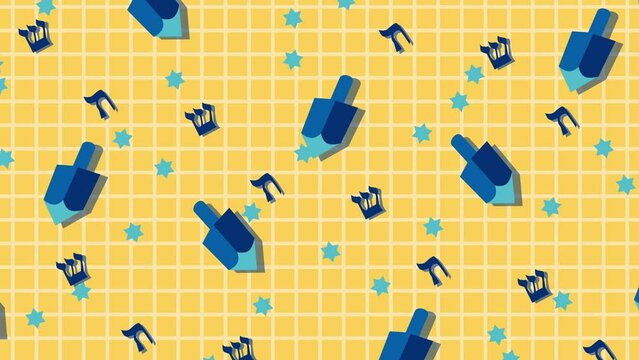 Hanukkah Pattern Background in blue and yellow tones with the symbols of Hannuka: dreidel and stars of David on seamless loop. Perfect for Hanukkah, religious, traditional, Jewish, holiday videos.