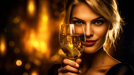 Beautiful woman holding champagne glass in hand - ai generative - obrazy, fototapety, plakaty