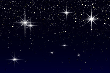 Fototapeta na wymiar Minimal starry night sky background with small stars and shining big stars, vector space background. Bright stars in the blue dark night sky. Background vector illustration.