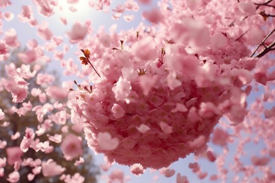 Fluffy cherry blossom petals drifting in the air. Generative AI