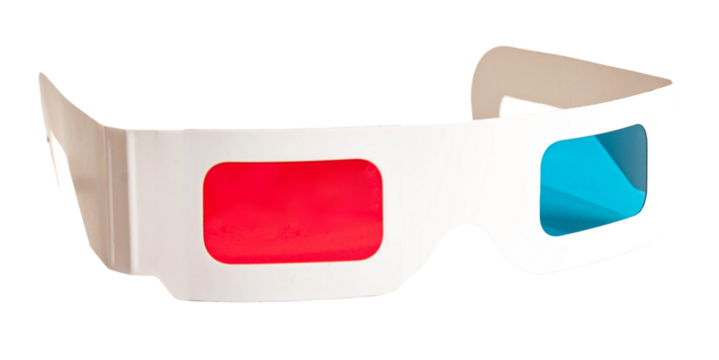 Cardboard 3D glasses in paper craft, isolated on white or transparent background.