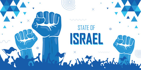 People cheer for Israel, patriot nation, blue color combination banner, geometric abstract background, raised fist, human hand, national celebration, strike, parade, riot, protest or rally - obrazy, fototapety, plakaty