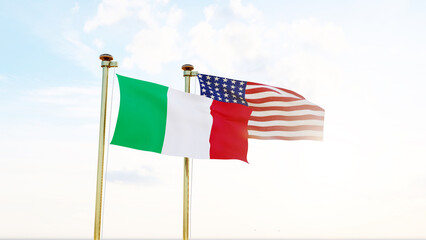 Italy and United states flags waving against a blue sky background. 