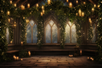 Fototapeta na wymiar An enchanting background with fairy lights, holly, and mistletoe, providing a cozy space for Christmas holiday text or product highlights. Generative AI
