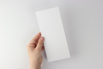 Card mockup in minimalist style, blank card 4x9 in hand