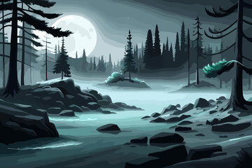 Forest landscape with river and forest at night with a full moon, dark nature, vector cartoon illustration, generative ai