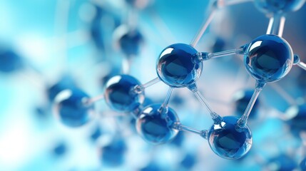 Transparent blue abstract molecule model over blurred blue molecule background. - obrazy, fototapety, plakaty