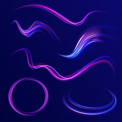 Illustration of light ray, stripe line with blue light, speed motion background. Neon color glowing lines background, high-speed light trails effect. 