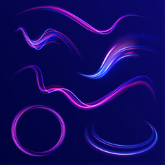 Illustration of light ray, stripe line with blue light, speed motion background. Neon color glowing lines background, high-speed light trails effect. 
