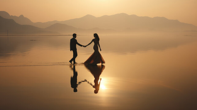 Photo of a Romantic Beach Wedding Ceremony With Dancing Couple in the Water at sunset, minimalist landscape with water reflection, moment of unity in nature
