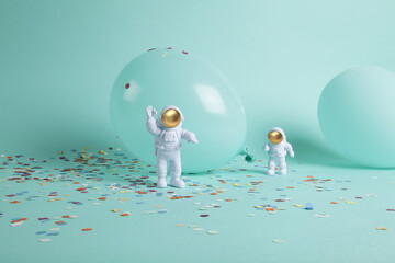 confetti and a cosmonaut couple exploring a new planet