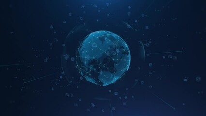 E-commerce category and social media icons composed of blue digital cursor on blue background, communication, social media, transfer, fast, business, technology, efficient, core