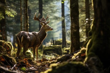 Naklejka na ściany i meble A deer with large branched antlers standing in a beautiful green forest.