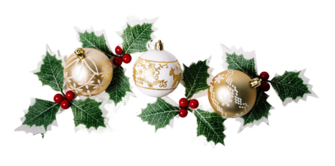 Christmas Holly Leaves and balls ornament, isolated on white or transparent background.