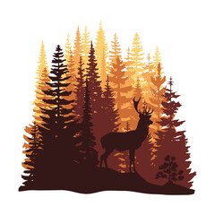 Deer in the forest, morning light, cartoon sketch isolated on white background, vector illustration