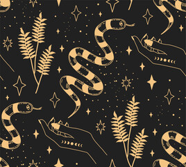 Magical pattern with a snake. Illustration for textiles. Seamless mystical pattern. Threads for design. Black wallpaper with a snake. Symbolism of witchcraf. Tame the snake.