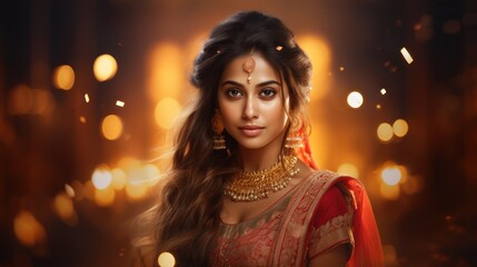 Fototapeta premium Beautiful young Indian woman in fancy tradition for celebration Diwali festival.