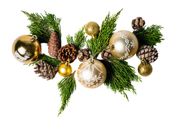 Christmas pine branches and ornaments balls, isolated on white or transparent background.
