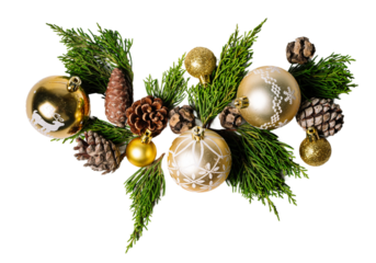Christmas pine branches and ornaments balls, isolated on white or transparent background.