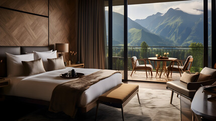 Modern Stylish Hotel Room with Balcony and Breathtaking Mountain view,inside bed tea, balcony view,...