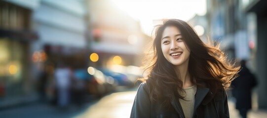 Fototapeta premium Asian woman smiling happy face on city street