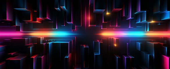 dark glitch pattern banner, futuristic, neon light, black background. generative AI