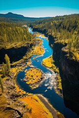 Fototapeta premium Color photo of Oulanka National Park in Finland, captured from a drone. The drone hovers above, providing a unique aerial perspective of this breathtaking natural wonder