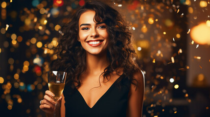 Beautiful woman holding champagne glass in hand celebrating new year - ai generative