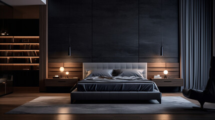 Modern bedroom in dark shades with a wall of lights