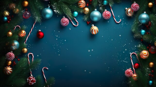 Christmas and New Year background with lollipops Christmas tree branches and decor ball. AI, Generative AI