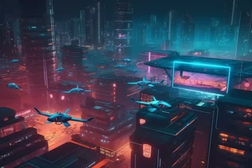 Fotobehang Futuristic cityscape and aerial vehicles illuminated by colorful neon lights. Generative AI © Percival