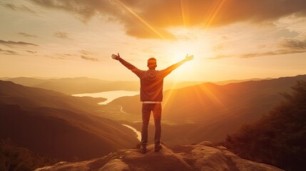 Fototapeta na wymiar Positive man celebrating with arms raised up at Mountain landscape at sunset, Generative AI