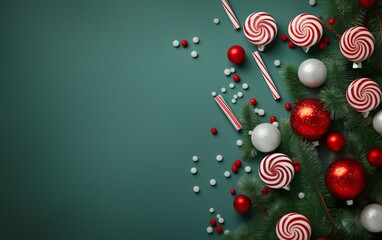 Christmas and New Year background with lollipops Christmas tree branches and decor ball. AI, Generative AI