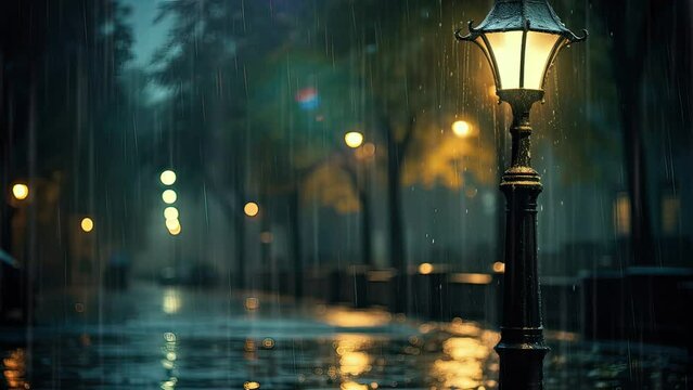 street lights in the night of rain fall
