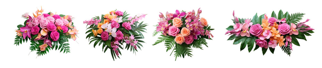 Collection of pink flower bouquets with dusty pink and cream roses, peonies, hydrangeas, and tropical leaves. Spring bouquets isolated on a transparent background. PNG, cutout, or clipping path.