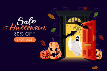 Night background with open door with ghost and pumpkin lanterns. Vector illustration. Halloween holiday poster, banner