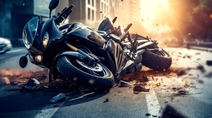 The motorcycle lies on the sidewalk after a road trip. Severe accident. Accident, close-up. AI Generated - obrazy, fototapety, plakaty