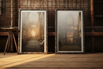 Two vertical wooden frame replicas with two poster replicas on a wooden floor, depicted in 3D illustrations. Generative AI