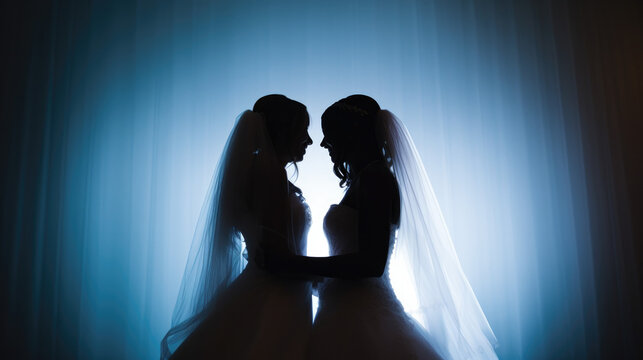 Love and Unity in the Shadows: A Captivating Image of Two Brides in the Dark, intimate moment between the two future brides in white wedding dresses, long white veil