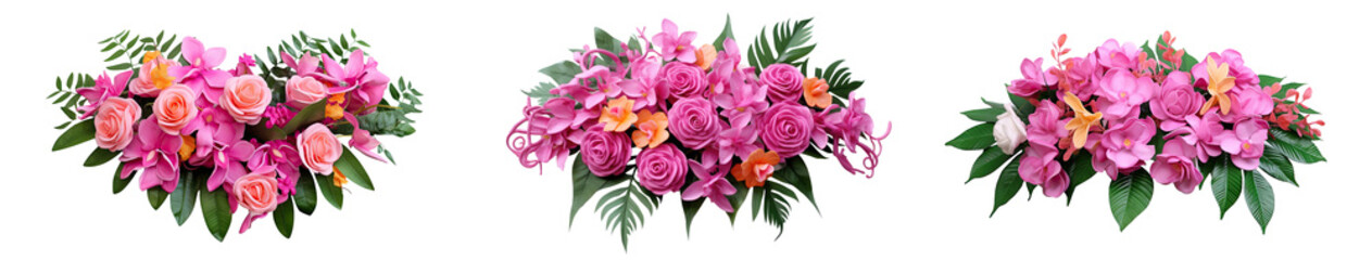 Set of spring bouquets with dusty pink and cream roses, peonies, hydrangeas, and tropical leaves, isolated on a transparent background. PNG, cutout, or clipping path.