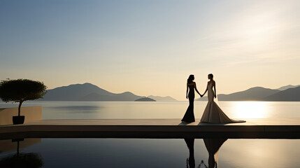 Gay Wedding and joyful celebration on the French Riviera, two women in wedding dresses on the terrace of an architect's villa with view of the sea at sunset, wedding photoshoot in summer on the coast