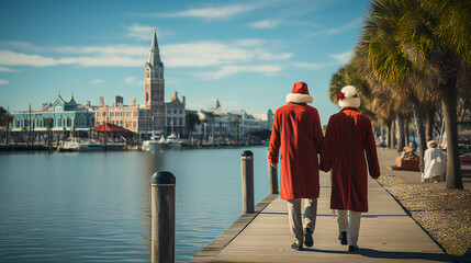 Fototapeta na wymiar Couple in Christmas attire looking across a coastal harbor - Christmas - vacation - getaway - holiday - historic city - travel - trip 