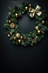 Fototapeta na wymiar minimalistic green background with christmas wreath with empty copy space 