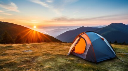 tent at Mountain landscape at sunset, Generative AI