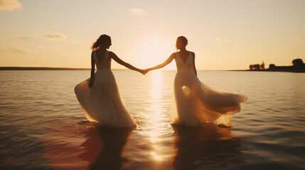 two bride on the beach at sunset, lovers hold hands in wedding dress, a wonderful moment of life, memory of gay marriage